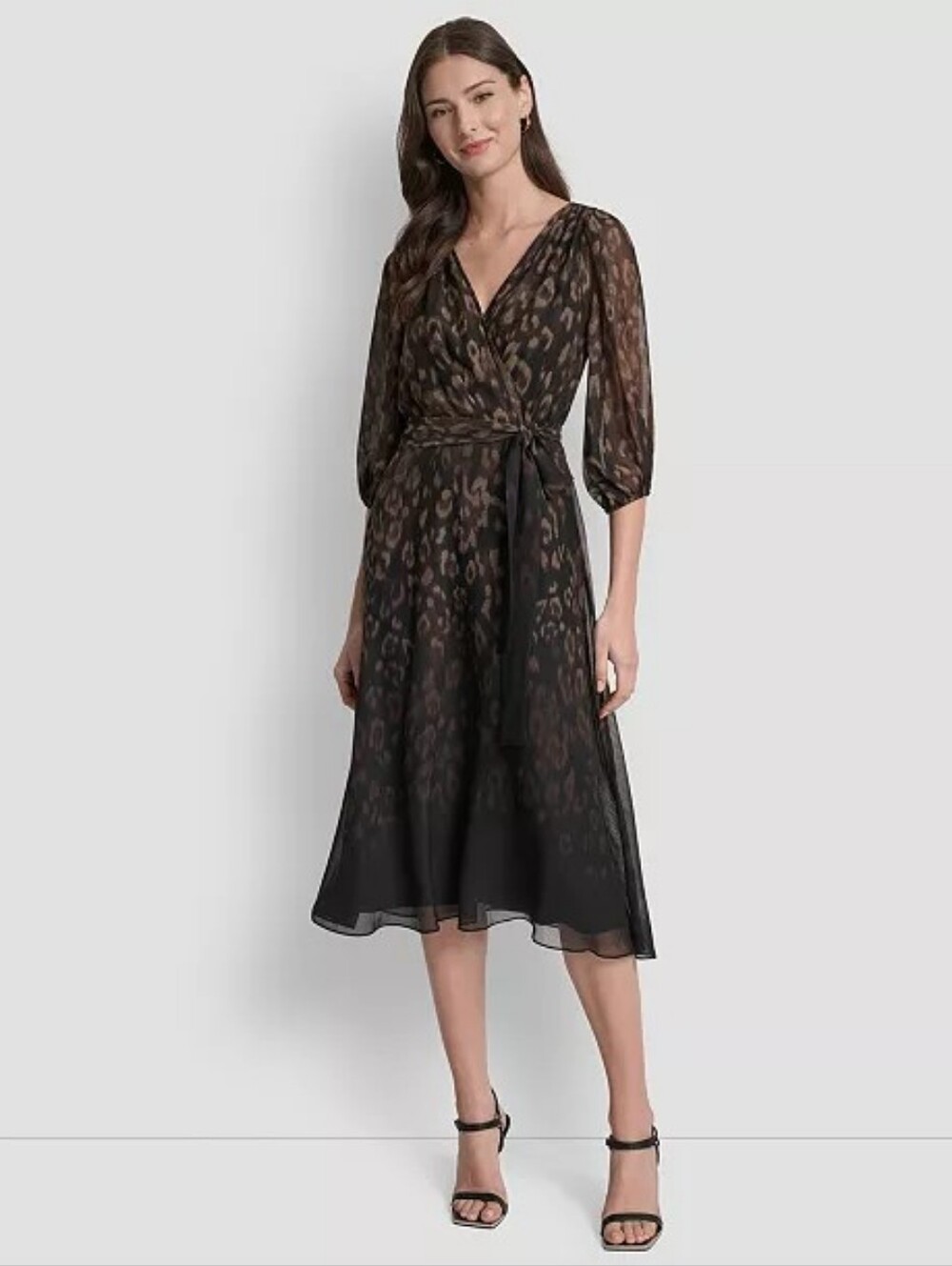 DKNY Brown Black Leopard Chiffon Wrap Midi Dress V-Neck 3/4 Sleeve 6